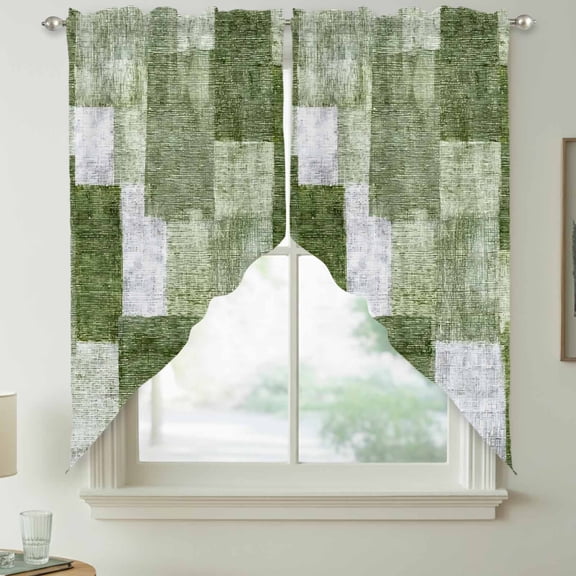 Green Patchwork Swag Kitchen Curtain Valances, Modern Abstract Sage Green Patchwork Rod Pocket Curtains Window Treatment Decor Valances for Bedroom Bathroom, 2 Panels 36 x 36 Inch