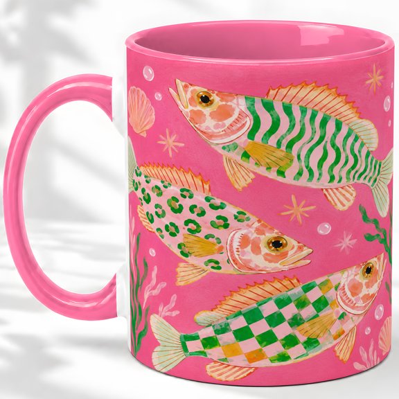 Green Pattern Fish Accent Mug, 11oz Ceramic Coffee Cup for Ocean Lovers