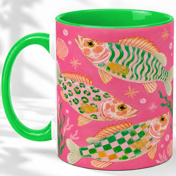 Green Pattern Fish Accent Mug, 11oz Ceramic Coffee Cup for Ocean Lovers
