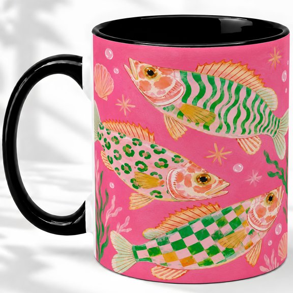 Green Pattern Fish Accent Mug, 11oz Ceramic Coffee Cup for Ocean Lovers