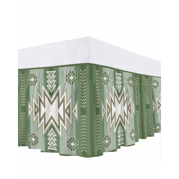 Green Pattern Retro Bohemian Bed Skirt Square Abstract Geometric Bed Skirts Queen Size 16 Inch Drop, Wrap Around Dust Ruffle&nbsp;Bedskirt with Adjustable Elastic Belt for Queen Size Beds