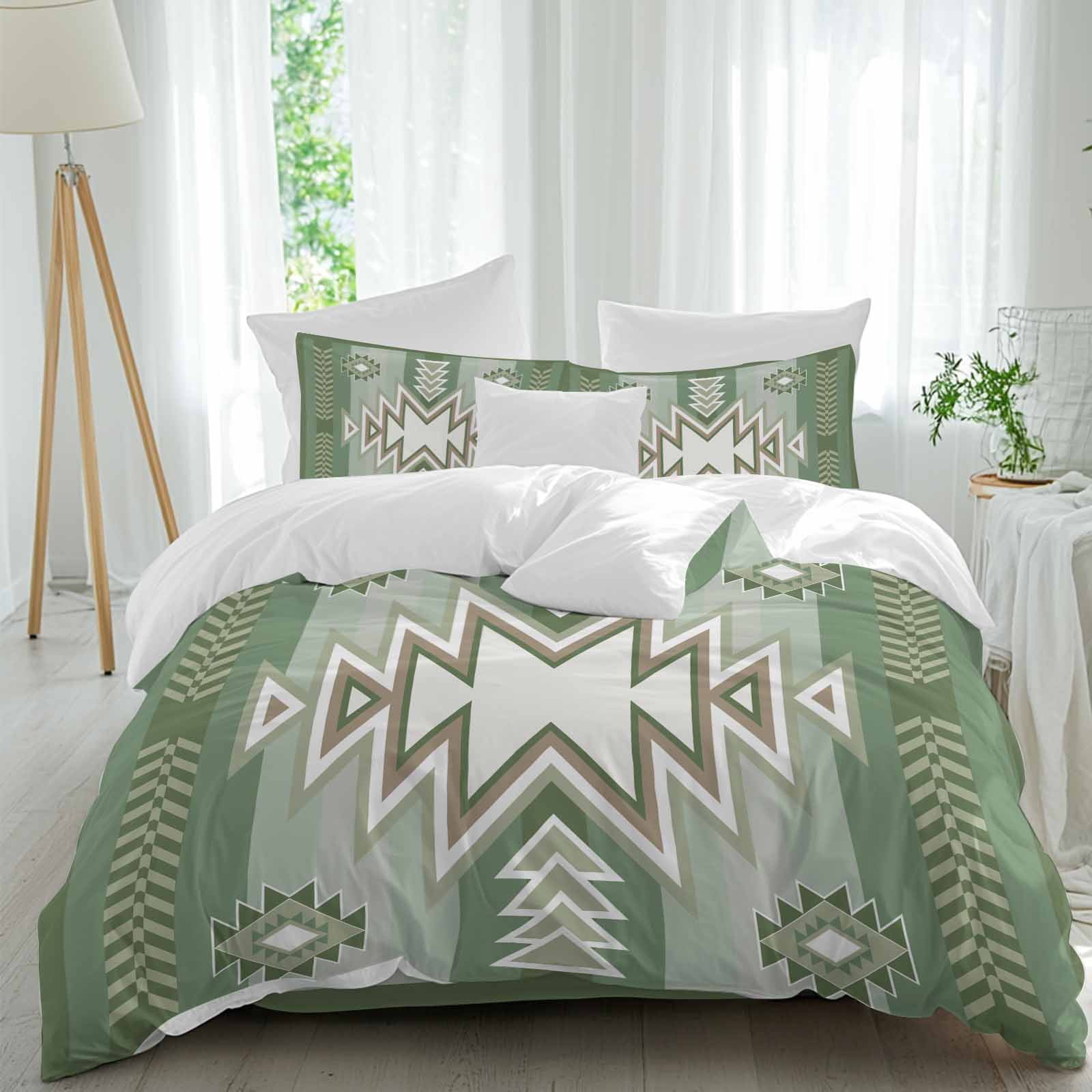 Green Pattern Retro Bohemian Full Size Comforter Set, Square Abstract ...