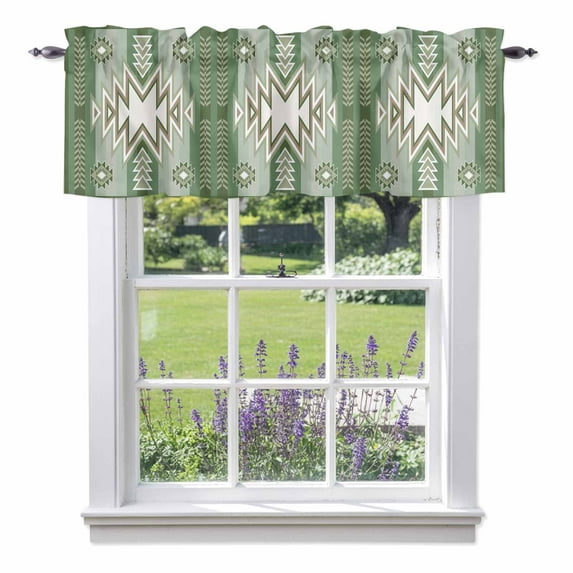 Green Pattern Retro Bohemian Valance Curtain Square Abstract Geometric Window Valances Rod Pocket Short Curtains Window Treatments for Kitchen Bedroom Bathroom Laundry 42" x 18"