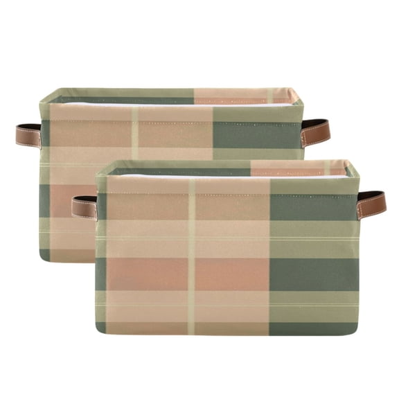 Green Peach Plaids Square Storage Bins with Handles Collapsible Containing Box 2 Packs