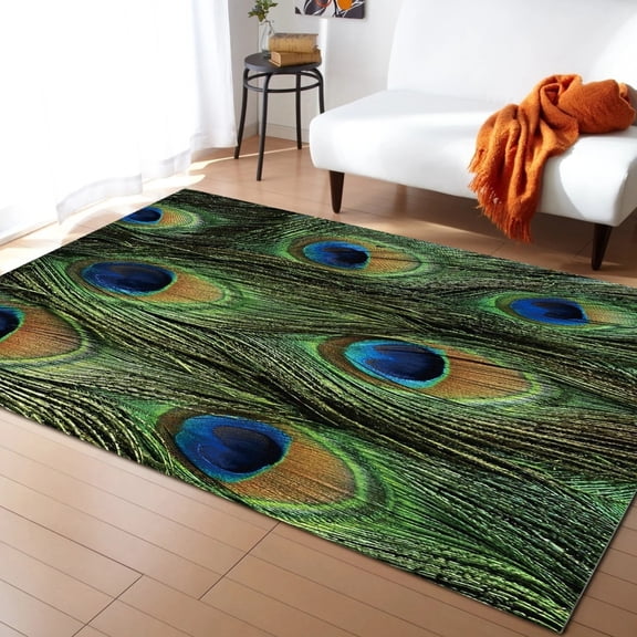 Green Peacock Feather Home Area Rug, Indoor Non-Slip Kids Rug, Machine Washable Breathable Durable Carpet Mat For Living Room Bedroom Study 5' x 7'