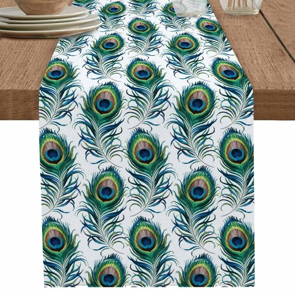 Green Peacock Feather on White Table Runner-70 Inch Long Retro Minimalist Art Table Runners Linen Burlap Tablerunner for Kitchen Dining Room Holiday Party