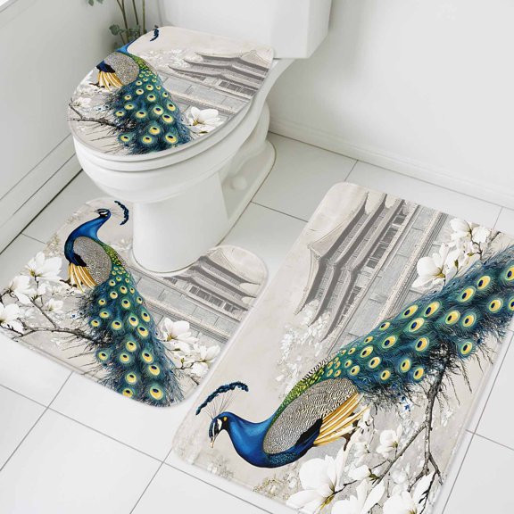 Green Peacock Flower Bathroom Rugs Set Watercolor Vintage Attic Magnificent Feathers Non Slip Absorbent Soft Bath Mats 3 Piece Set with Bathroom Rug, U-Shaped Floor Mat, Toilet Seat Cover Small Size