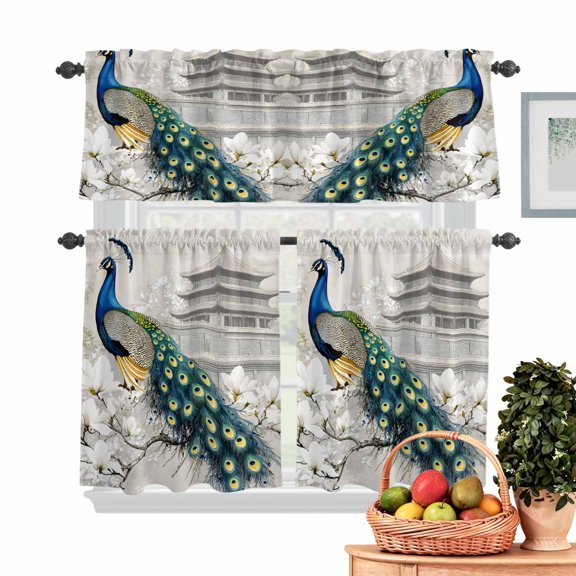 Green Peacock Flower Kitchen Curtains Valances 3 Piece Set, Watercolor Vintage Attic Magnificent Feathers Rod Pocket Tier Curtain and Valance Drapes for Small Window 24 Inch Length for Bedroom Cafe