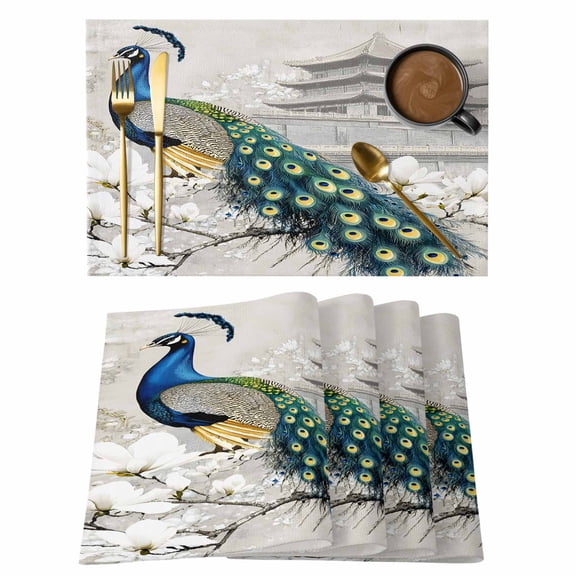Green Peacock Flower Placemats Set of 1, Watercolor Vintage Attic Magnificent Feathers Non-Slip Place Mats Washable Table Mats for Kitchen Dining Table Decorations Indoor/Outdoor