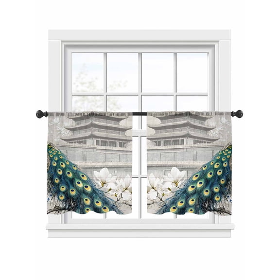 Green Peacock Flower Sheer Curtains 2 Panels Set Watercolor Vintage Attic Magnificent Feathers Sheer Window Curtains Light Filtering Rod Pocket Voile Drapes for Bedroom Living Room 52"x54"