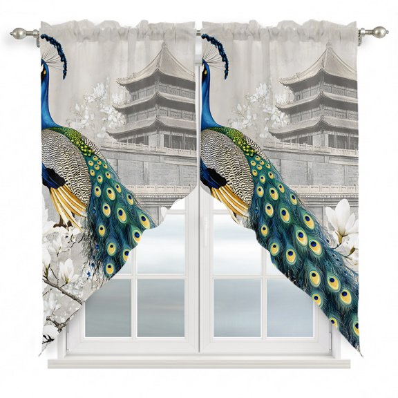 Green Peacock Flower Swag Curtain Valance for Window 2 Panels Watercolor Vintage Attic Magnificent Feathers Rod Pocket Small Window Swag Valances for Kitchen Bedroom Bathroom 36" W x 63" L