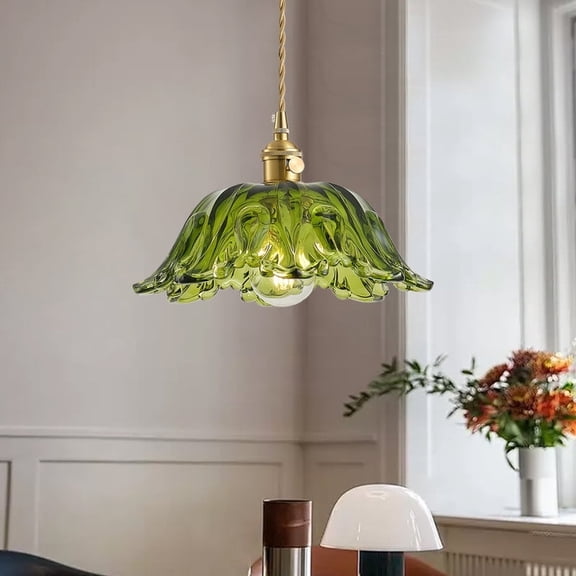 Green Pendant Light with Flower Shaped Glass Shade, Boho Adjustable Hanging Lighting for Dining Room, Bedroom & Entryway (10.6 inches)