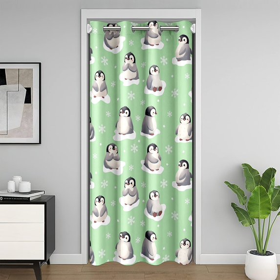 Green Penguin Door Curtain For Doorway Privacy 52"W x 80"L, Kawaii Winter Animals Blackout Curtain, Cartoon Snowflakes Thermal Door Drape, Cute Snow Closet Curtain
