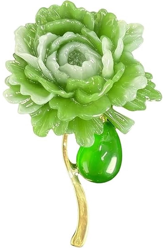 Green Peony Brooch - Jade-Tone Enamel & Gold-Tone Pin | High-End Gift For Weddings, Galas & Formal Occasions.