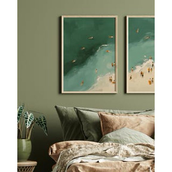Green People On The Beach Diptych Prints, Modern Coastal Wall Art_683A, Poster Only