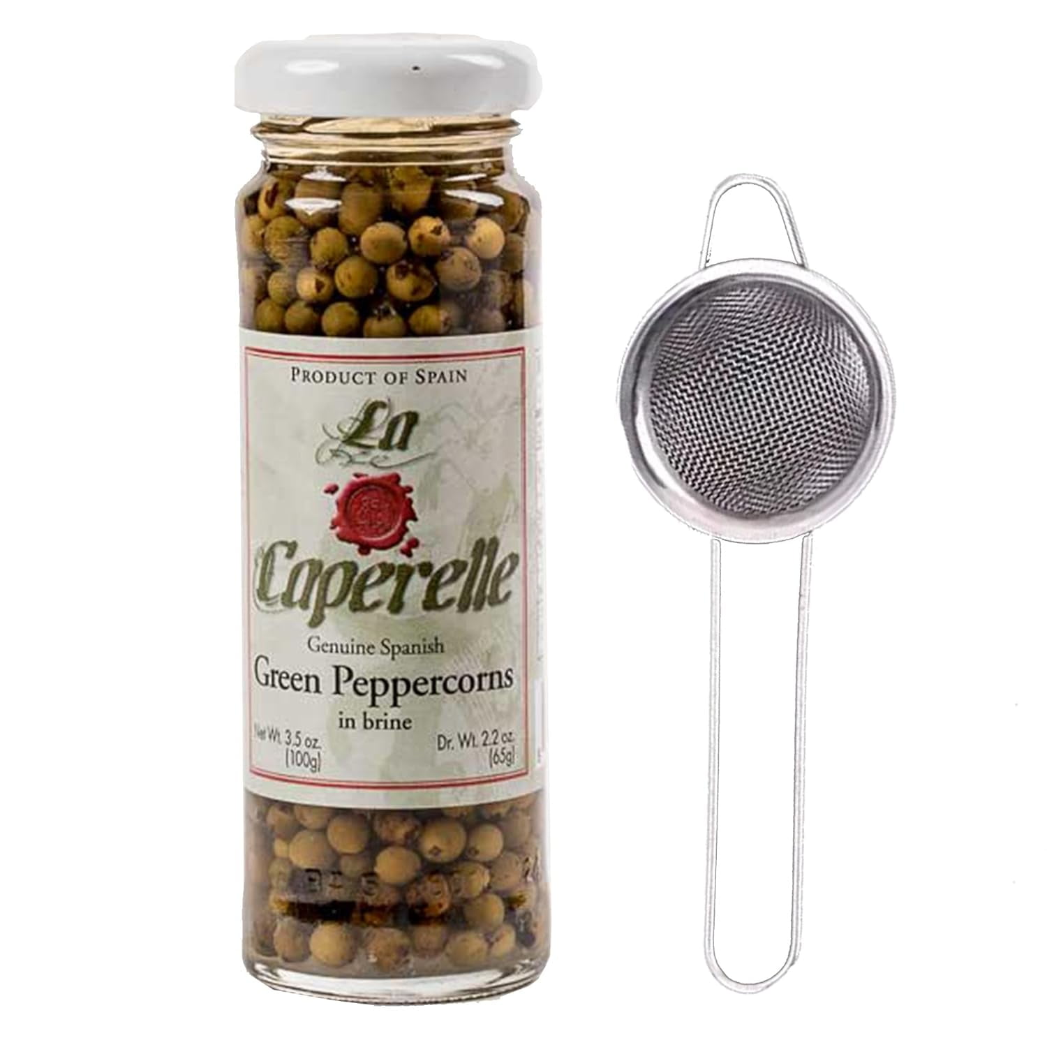 Green Peppercorns in Brine 3 oz bundled with Mesh Strainer Stainless Steel Filter