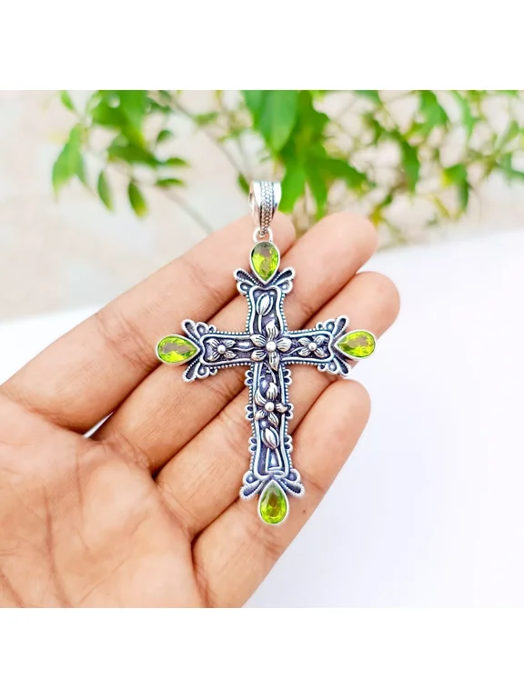 Green Peridot Cross Pendant 925 Sterling Silver Polished Handmade Gemstone Jewelry 2.83"