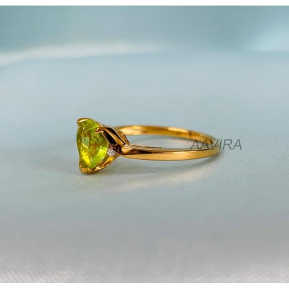 Green Peridot Heart Promise Ring for Women, 14K Yellow Gold Plated, Dainty Diamond Accent Ring, Proposal or Gift Jewelry
