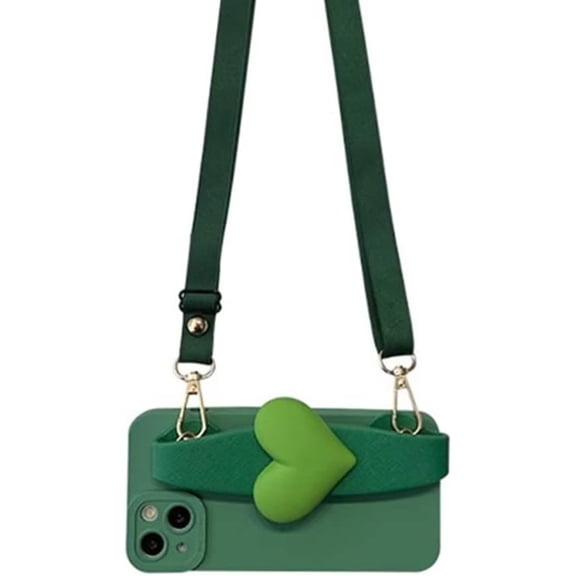 Green Phone Case with 3D Love Heart Wristband and Adjustable Phone Straps, Shockproof Silicone Soft Case for iPhone 11
