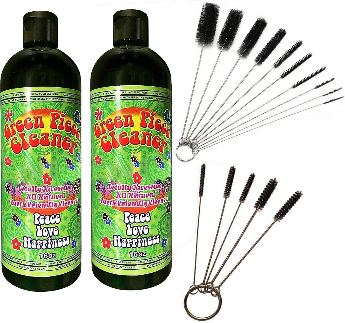 Green Piece® 2 bottles of the 16 oz Cleaner with 5 piece glass tube cleaner and 10 piece glass tube cleaner (2 Glass Cleaners with 15 Nylon Cleaners)