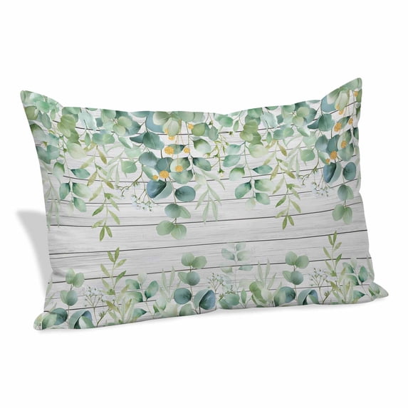 Green Pillow Covers, Linen Long Throw Pillow Case, Eucalyptus Leaves Holiday Pillow Protector Decorative Cushion Cover for Living Room/Bedroom 12" x 20"