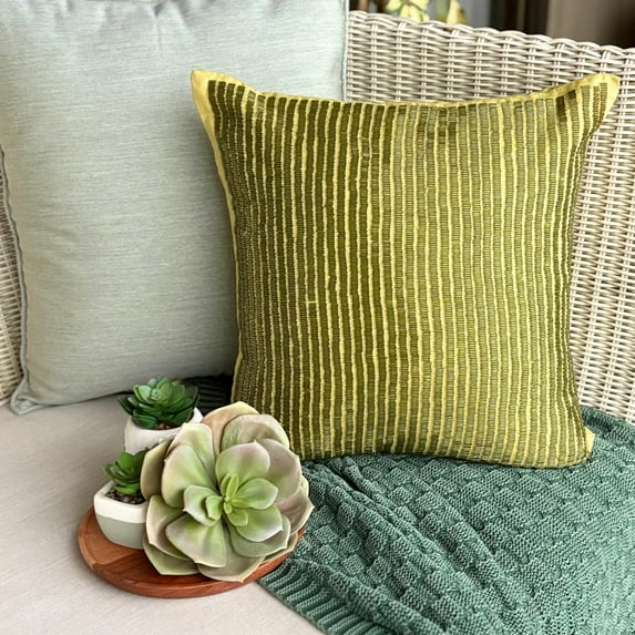 Green Pillow Covers, Striped Beaded Sparkly Glitter Botanical Pillows Cover, 20x20 inch (50x50 cm) Pillows Cover, Modern Cushion Covers, Square Cotton Linen - Misty Green