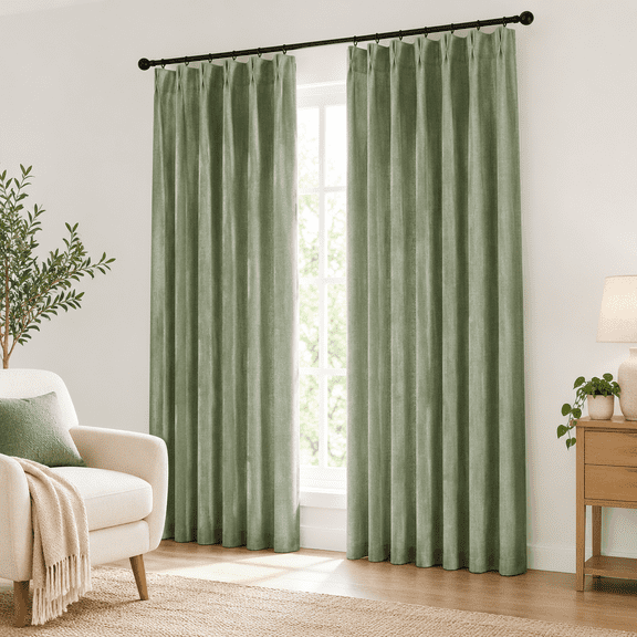 Green Pinch Pleated Curtains, 40"W x 84"L (Pack of 2), Light Filtering Faux Linen Window Drapes