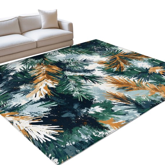 Green Pine Branch Washable Rug 9x12 Area Rug for Living Room Bedroom Non Slip Indoor Floor Rectangle Carpet Low Pile Large Winter Pine Trees Abstract Art Entryway Rugs for Dining Room Office Home