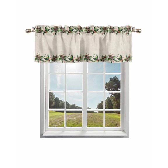Green Pine Cone Kitchen Curtain Valances for Windows Farmhouse Short Curtains, Christmas Winter Plants Retro Beige Rod Pocket Valance Curtain for Bedroom Cafe Living Room 60"x14"