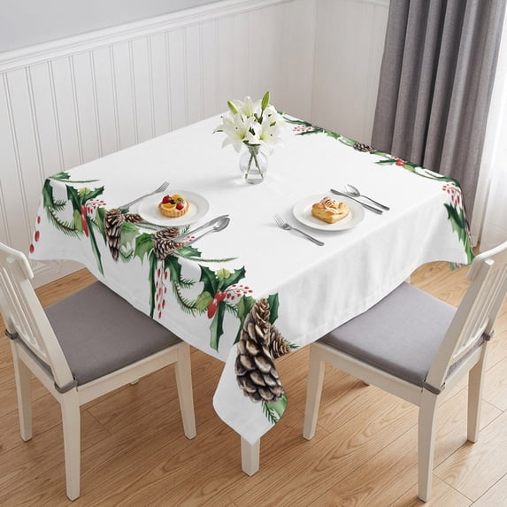 Green Pine Cone Table Cloth Waterproof Tablecloths, Christmas Winter Plants Leaves Tablecloth Dining Table Cover for Kitchen Party Tabletop Outdoor, Square Tablecloth 60x60 Inch