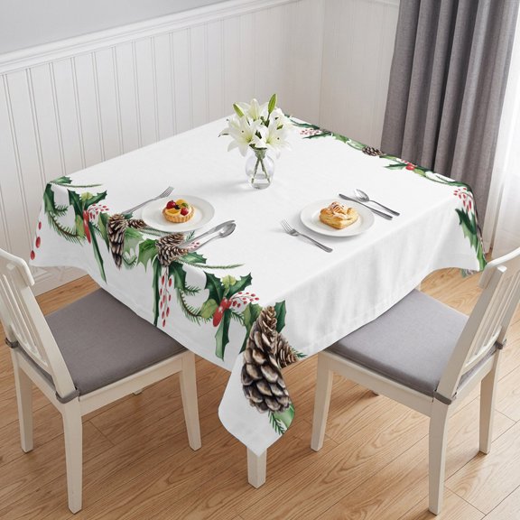 Green Pine Cone Table Cloth Waterproof Tablecloths, Christmas Winter Plants Leaves Tablecloth Dining Table Cover for Kitchen Party Tabletop Outdoor, Square Tablecloth 54x54 Inch