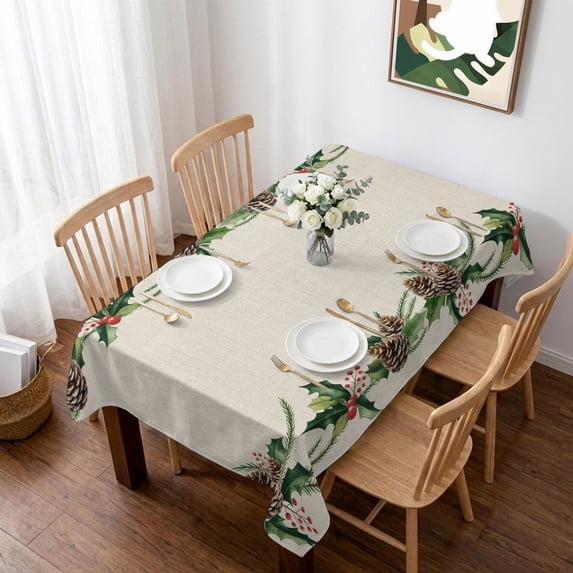 Green Pine Cone Table Cloth Waterproof Tablecloths, Christmas Winter Plants Retro Beige Tablecloth Dining Table Cover for Kitchen Party Tabletop Outdoor, Rectangle Tablecloth 60x84 Inch