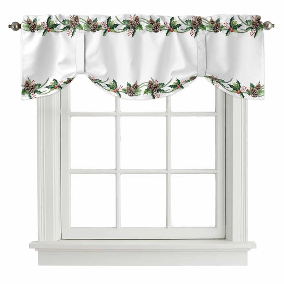 Green Pine Cone Tie Up Valance Curtains for Windows, Kitchen Curtains Window Treatments, Christmas Winter Plants Leaves Short Window Shades Valances for Bedroom Bathroom Cafe 42"x12"