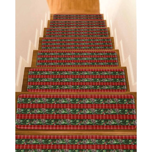 Green Pine Cones Stair Treads for Wooden Steps Indoor Runner Rug Carpet, Christmas Winter Red Buffalo Plaid 15 Pieces Peel and Stick Staircase Step Treads Covers Washable Throw Door Mats, 30"x8"