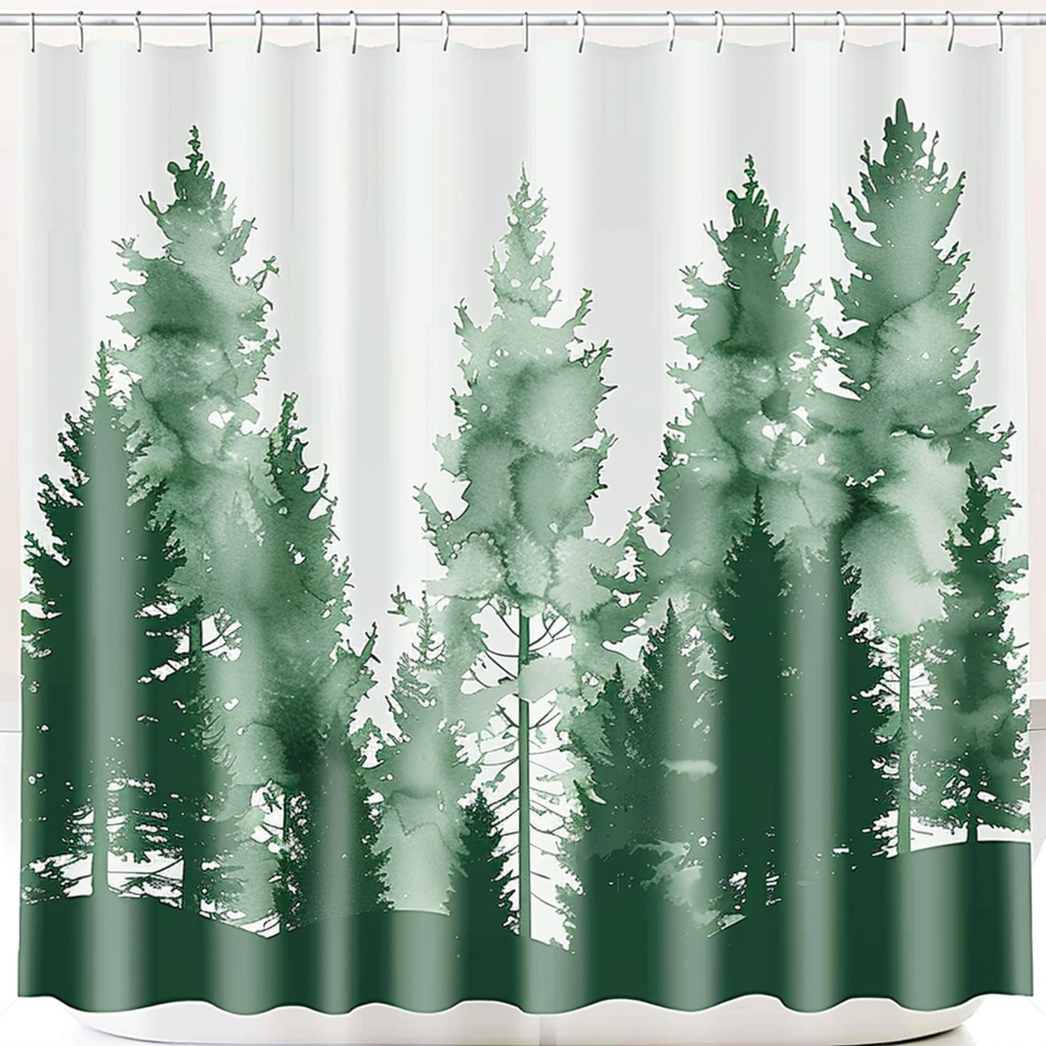 Green Pine Forest Bathroom Curtain with Wilderness Tree Silhouettes