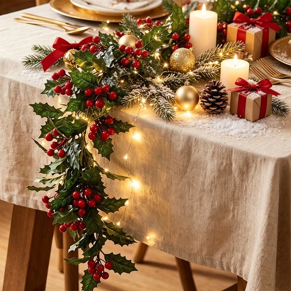 Green Pine Rattan Garland, Artificial Garland with Berry Accents in Emerald Green, 68.9 Inch Natural Branch Decor for Christmas Home Dining Table Window Indoor Outdoor Holiday Decoration