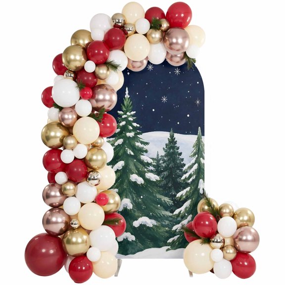 Green Pine Tree Arch Backdrop Covers 6 FT, Rustic Snowy Pine Forest Dark Starry Sky Rustic Stretchy Fitted Arched Stand Covers