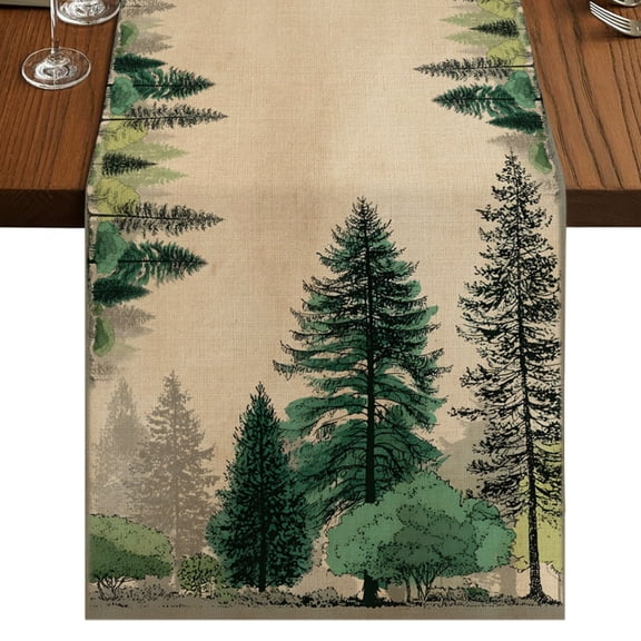 Green Pine Tree Burlap Cotton Table Runner 13x36 Inches Short, Retro Country Forest Natural Landscape Farmhouse Table Runners, Outdoor Dining Table Decor for Baby Shower/Party/Wedding