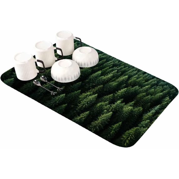Green Pine Tree Dish Drying Mat for Kitchen Counter, Super Absorbent Quick Dry Coffee Bar Mat Pad Thin Diatomaceous Sink Mat Non Slip Dish Drainer Mat 16x18 Forest Watercolor Tropical Spring Summer