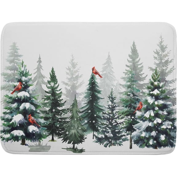 Green Pine Tree Forest Dish Drying Mat for Kitchen Counter,Red Cardinal Bird Winter Snowflake Drying Mat 18x24 Inch with Absorbent Reversible Microfiber Drying Pad for Coffee Bar