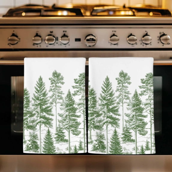 Green Pine Tree Kitchen Towels Set of 1, Vintage Watercolor Botanical Absorbent Dish Towels for Kitchen, Microfiber Hand Towel, Quick Drying Tea Towel for Cleaning Decorative Dishcloths