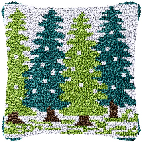 Green Pine Tree Latch Hook Kits Pillow DIY Crochet Yarn Cushion Pre-Printed Rug Needlework Pillowcase Hook and Latch Kit Christmas Home Sofa Decoration 43x43cm(2)