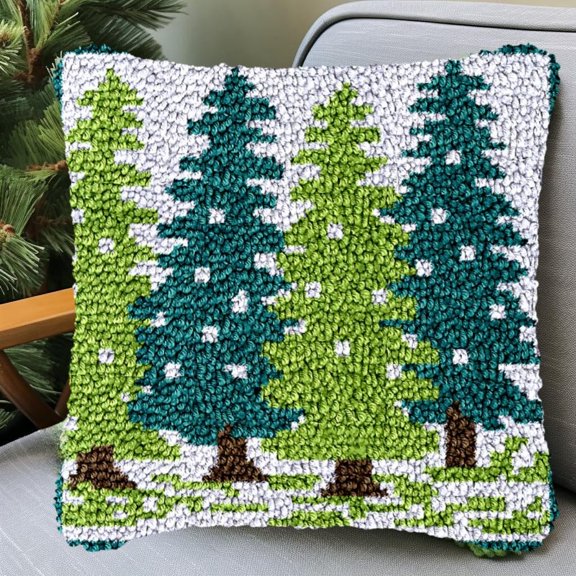 Green Pine Tree Latch Hook Kits Pillow DIY Crochet Yarn Cushion Pre-Printed Rug Needlework Pillowcase Hook and Latch Kit Christmas Home Sofa Decoration 43x43cm(1)