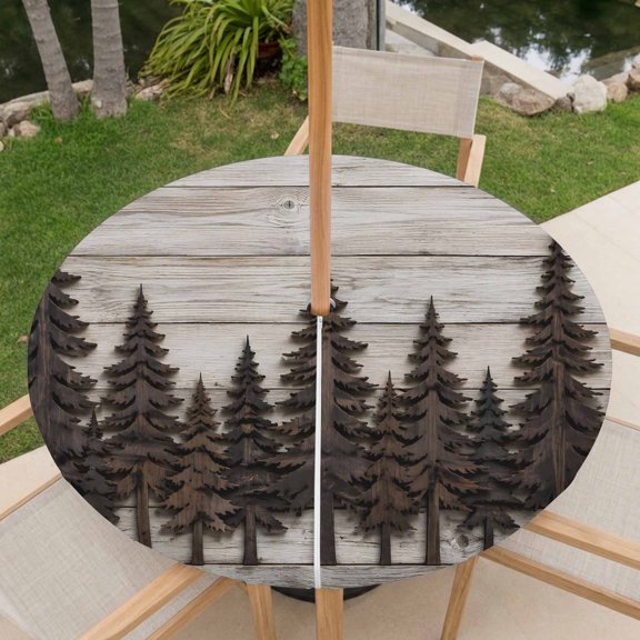 Green Pine Tree Outdoor Tablecloth with Umbrella Hole, Rustic Cabin Wilderness Beige Wood Grain Round Fitted Tablecloth Waterproof Table Cover with Zipper for Patio Garden Fits 36"-44" Table