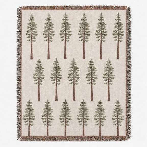 Green Pine Tree Pattern Rustic Woven Throw Blanket, 100% Cotton with Fringed Edges, Home Decor