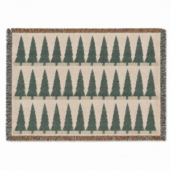 Green Pine Tree Pattern Woven Blanket, 100% Cotton, Rustic Woodland Home Decor