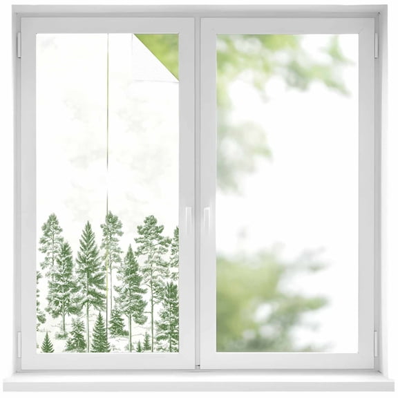 Green Pine Tree Privacy Window Film, Decorative Frosted Glass Window Film, Vintage Watercolor Botanical Reusable Peel and Stick Static Cling for Home Bathroom Office Glass Door 17.7"x39.3"