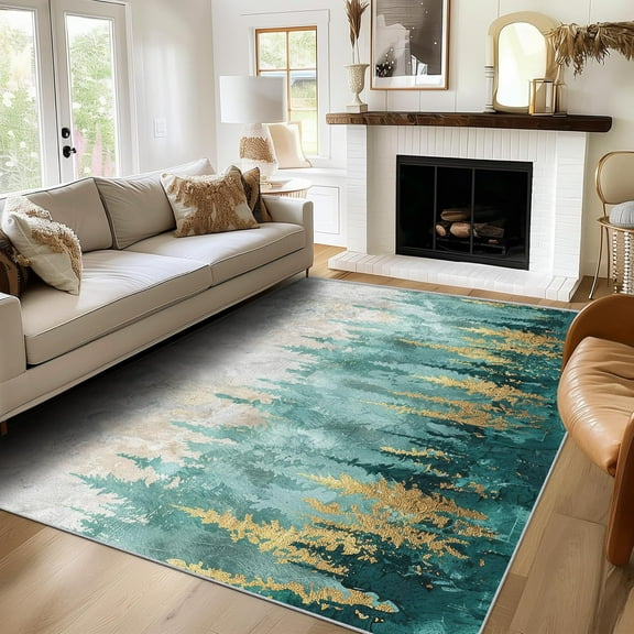 Green Pine Tree Rug Washable Abstract Forest Rugs For Living Room Bedroom, Art Landscape Area Rug For Home Decor, Non Slip Backing Floor Carpet 1x2ft