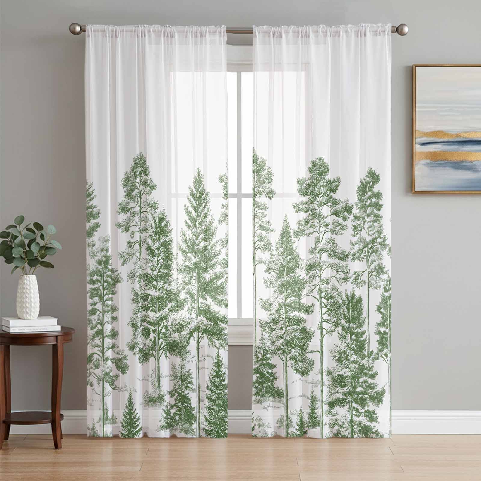 Green Pine Tree Semi Sheer Curtains 63 Inch Length 2 Panels Set ...