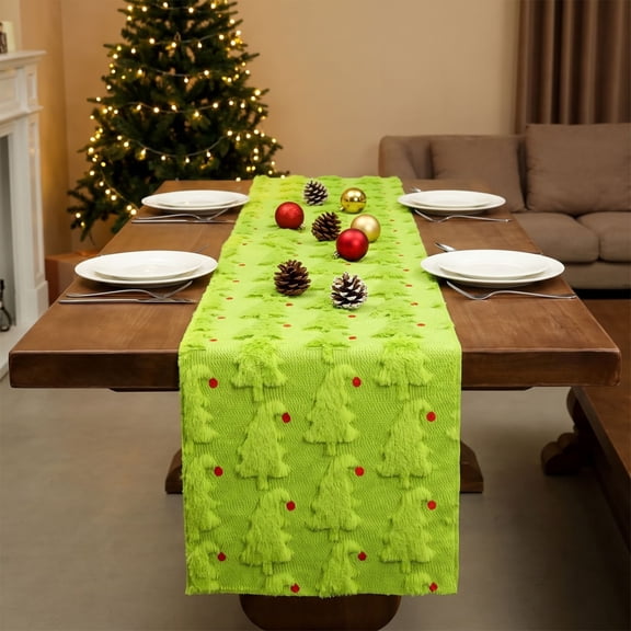 Green Pine Tree Table Runner 13x72 Inch, Red Dot Plush Jacquard Christmas Table Decor, Soft Fluffy Seasonal Dining Tabletop Runner for Farmhouse Indoor Supplies